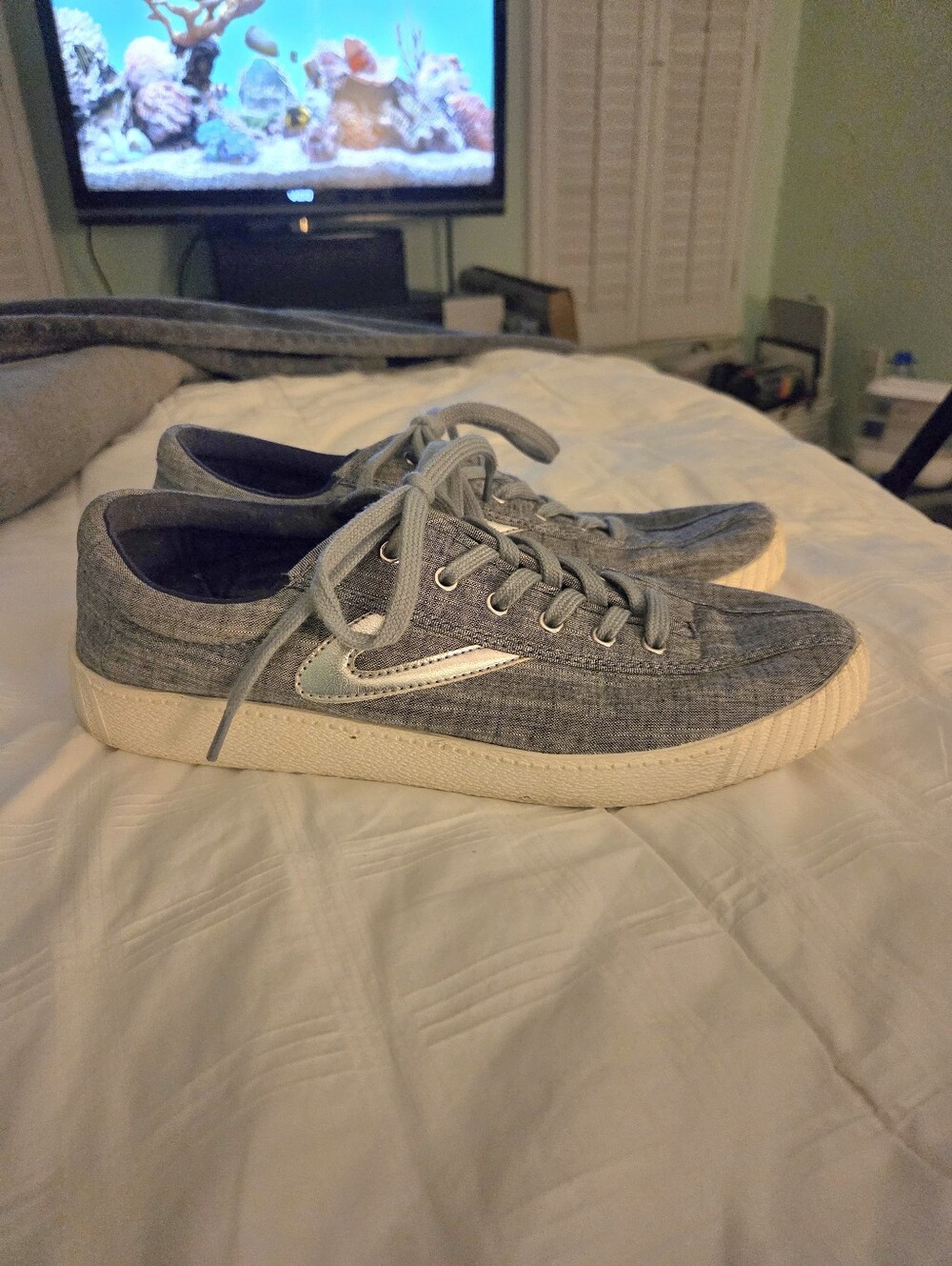 Tretorn Low-Profile Lace-Up Sneakers in Denim/Silver